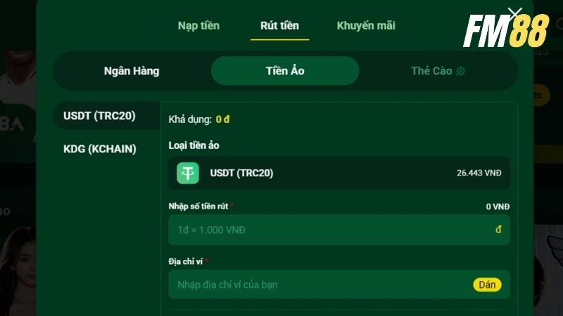 Nhà cái cho phép người chơi chuyển tiền từ acc game sang ví coin USDT hoặc KDG
